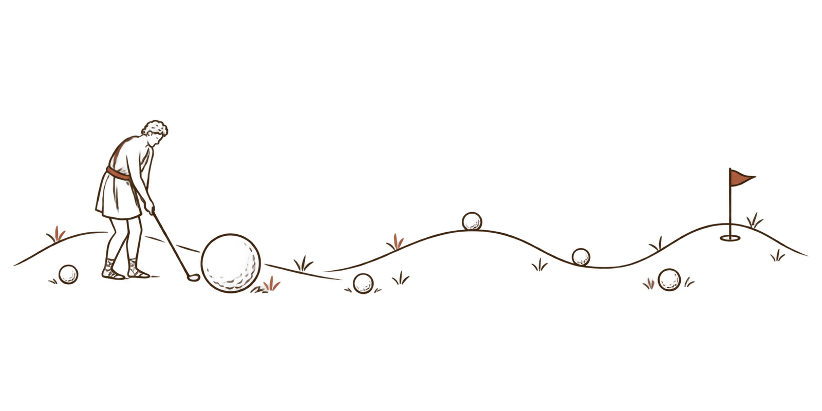 A line drawing of Sisyphus playing golf among little hills and scattered balls